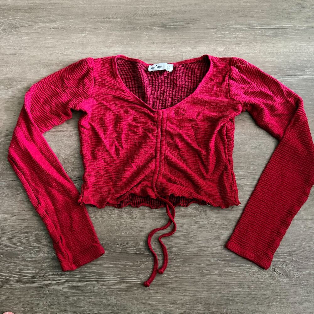 Hollister Crop Top Textured Ruched Drawstring Maroon Red Size XS